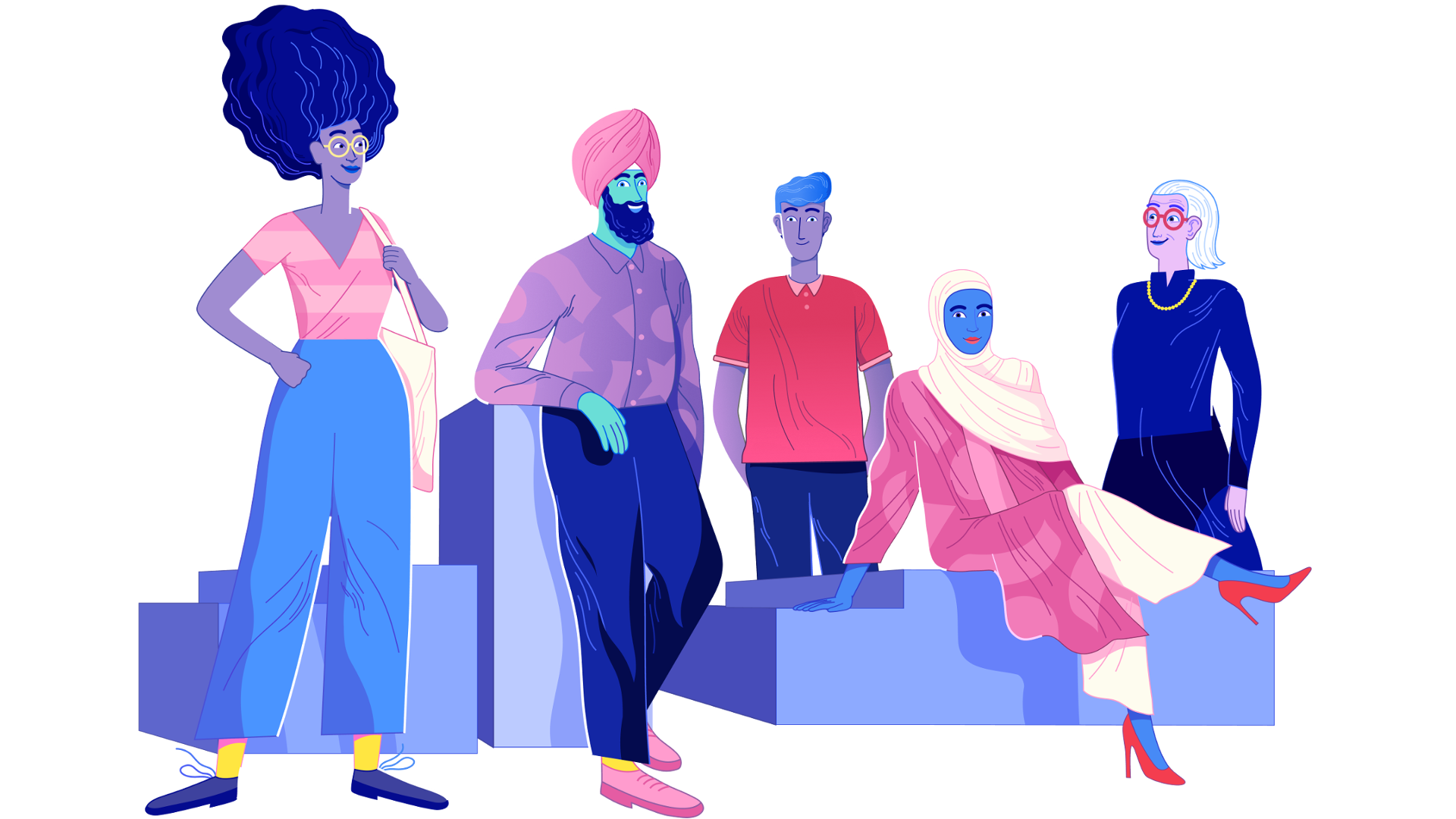 A diverse group of people sitting on blocks