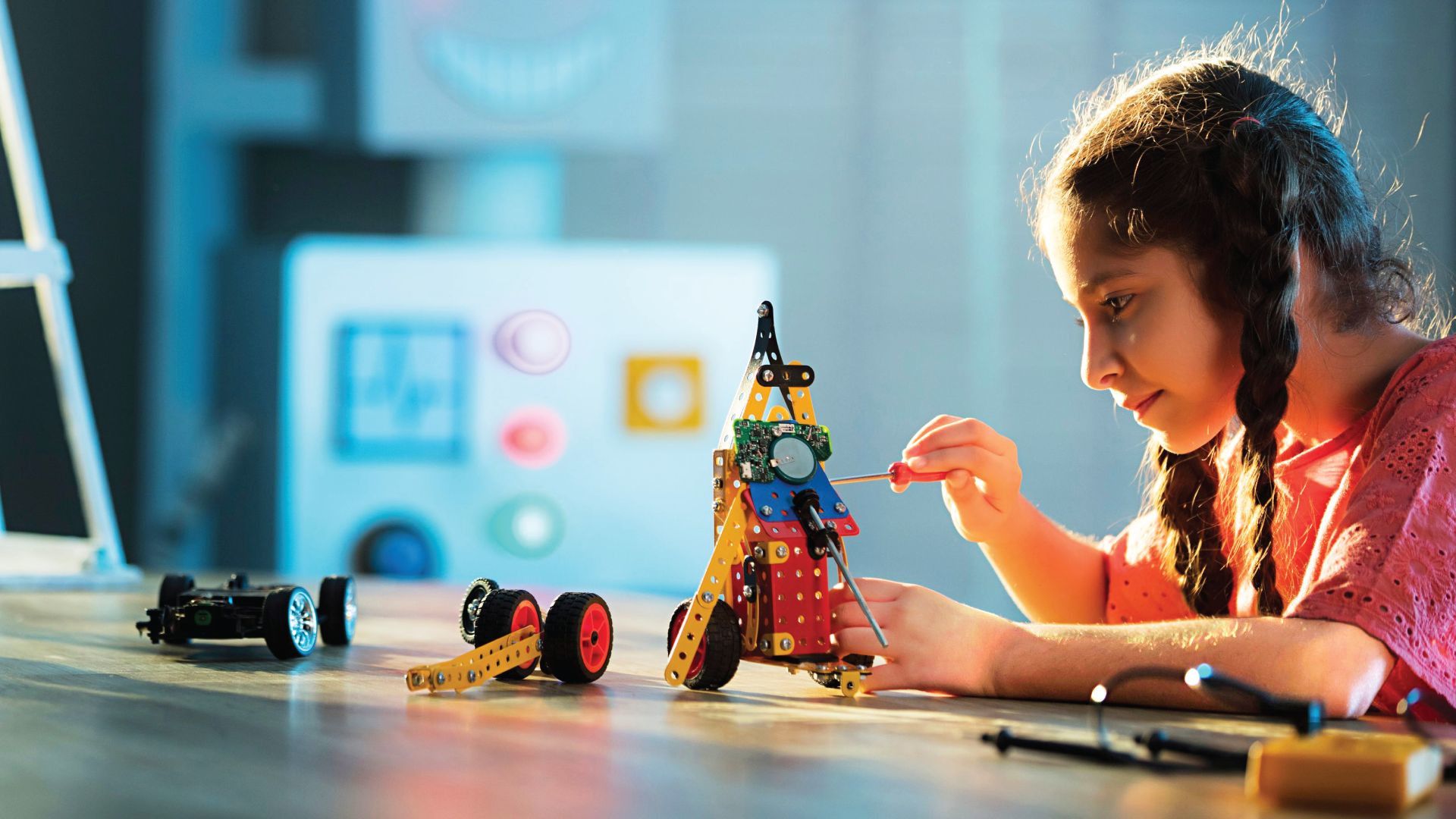 Child assembling a small robot kit at a table with tools and toy parts.