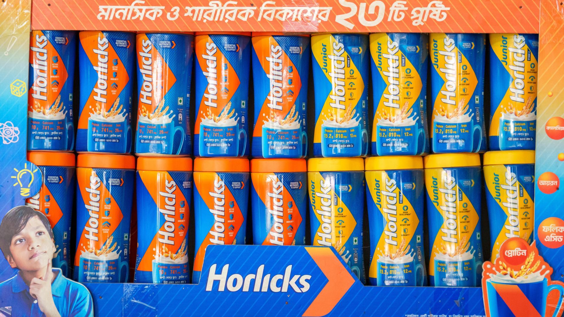 Horlciks stacked in a shop shelf